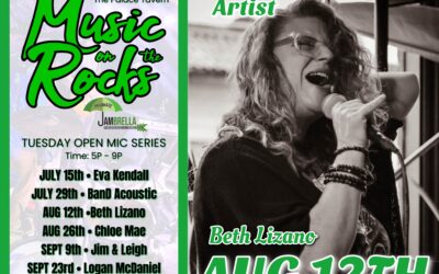 Music on the Rocks Tuesday Open Mic Series. All ages welcome. Rock on from 7:00 pm- 10:00 pm Aug 12th. Featured Beth Lizano . Hosted by Jambrella