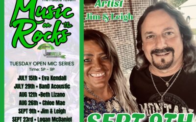Music on the Rocks Tuesday Open Mic Series. All ages welcome. Rock on from 5:00 pm- 9:00 pm Sept 9th. Featured Jim & Leigh. Hosted by Jambrella