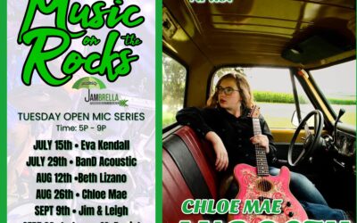 Music on the Rocks Tuesday Open Mic Series. All ages welcome. Rock on from 5:00 pm- 9:00 pm Aug 26th. Featured Chloe Mae. Hosted by Jambrella